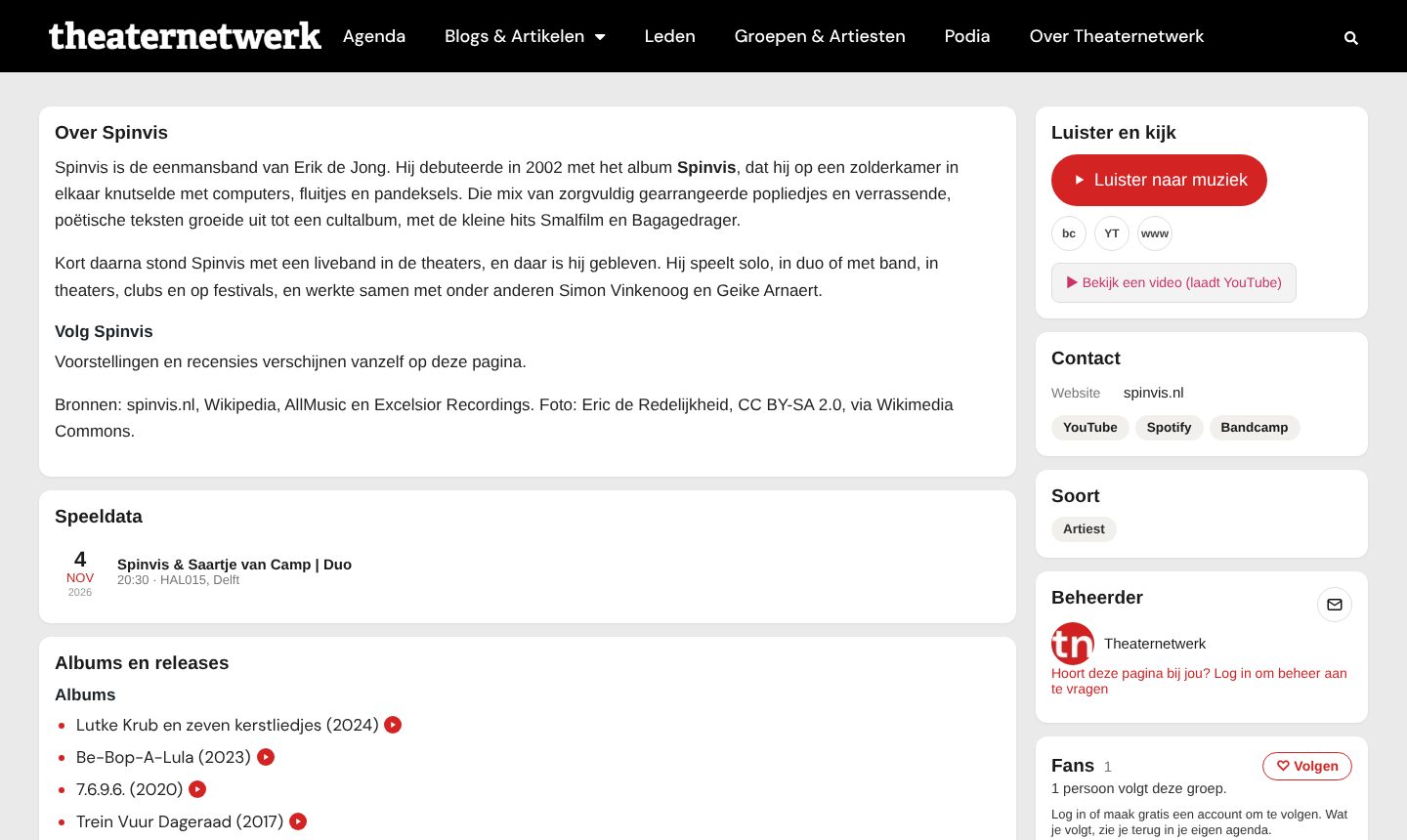 Een artiestenpagina op Theaternetwerk