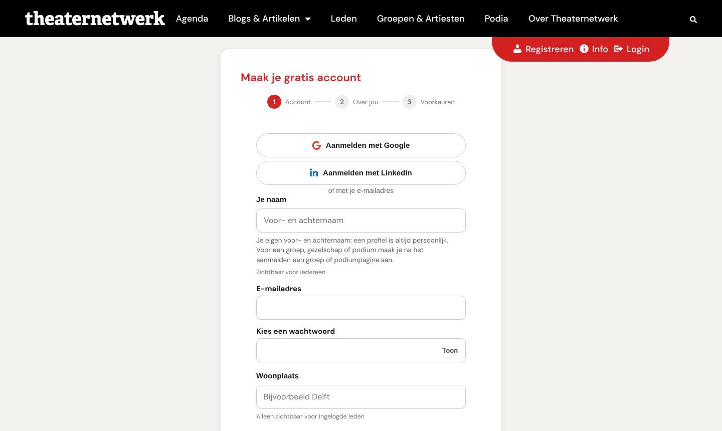 Het aanmeldformulier van Theaternetwerk